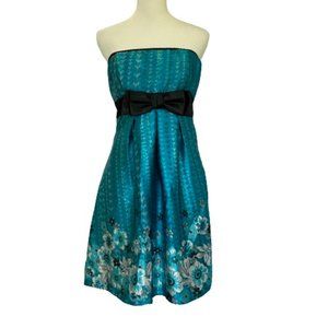 Teal and Black Strapless Satin Dress